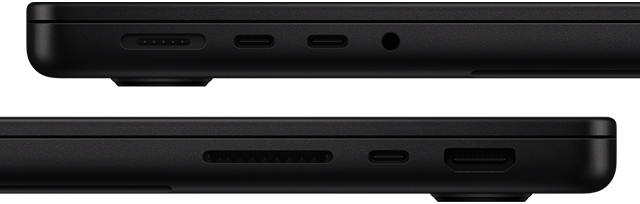 Tutte le porte di MacBook Pro: lato sinistro, porta MagSafe, due porte Thunderbolt e jack cuffie; lato destro, slot SDXC card, una porta Thunderbolt e porta HDMI