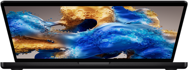 Un MacBook Pro leggermente aperto che mostra una schermata colorata