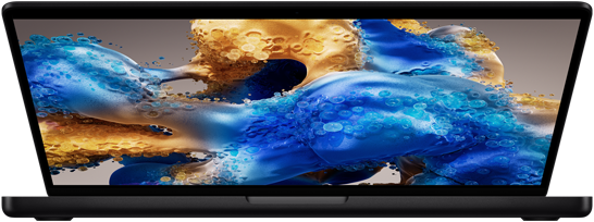 Un MacBook Pro leggermente aperto che mostra una schermata colorata