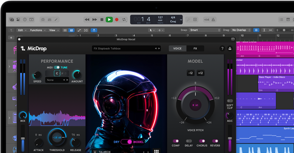 Schermata di un MacBook Pro che mostra il software MicDrop mentre sfrutta funzioni AI per modificare una registrazione vocale