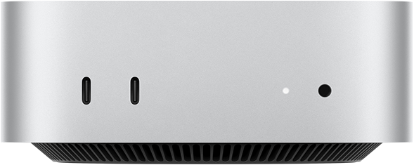 Mac mini mostrato di fronte, due porte Thunderbolt, indicatore di stato e jack cuffie, base affusolata nera, pannello superiore piatto, lati arrotondati, bordi dritti, color argento