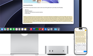 Mac mini mostrato di fronte, posizionato sotto a Studio Display, a destra del dispositivo e dello schermo c’è un iPhone; il testo selezionato sull’iPhone, con i comandi Taglia, Copia, Incolla e Inserimento automatico appena sopra, corrisponde al testo evidenziato sullo Studio Display, per mostrare la funzione Appunti condivisi