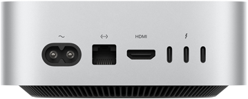 Mac mini mostrato da dietro, porta di alimentazione, porta Ethernet, porta HDMI, tre porte Thunderbolt