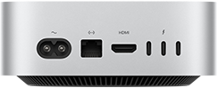 Mac mini mostrato da dietro, porta di alimentazione, porta Ethernet, porta HDMI, tre porte Thunderbolt