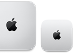 Due Mac mini visti dall’alto, alluminio color argento, angoli arrotondati, logo Apple nero lucido al centro, il modello a sinistra è la versione più recente ed è grande meno della metà di quello a destra