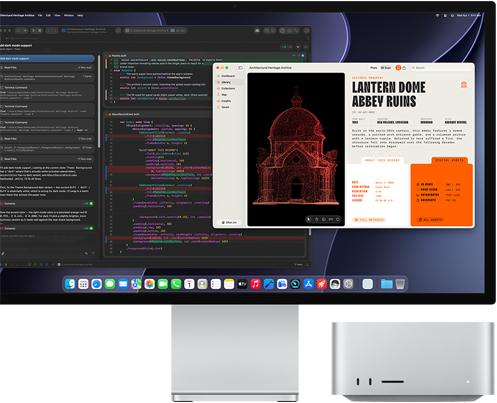 Studio Display XDR, lo schermo mostra un documento elaborato con Claude Agent in XCode; Mac Studio mostrato di fronte