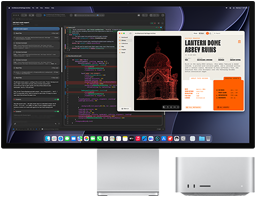 Studio Display XDR, lo schermo mostra un documento elaborato con Claude Agent in XCode; Mac Studio mostrato di fronte
