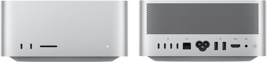 Mac Studio mostrato di fronte, due porte USB-C, slot SDXC card, indicatore di stato, base affusolata, pannello superiore piatto, lati arrotondati, bordi dritti, color argento; Mac Studio mostrato da dietro, griglia di ventilazione in alluminio perforato, quattro porte Thunderbolt 5, porta Ethernet, porta di alimentazione, due porte USB-A, porta HDMI, jack cuffie e tasto di accensione