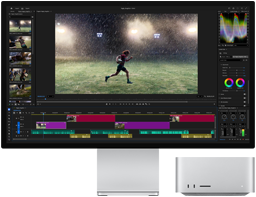 Studio Display XDR con supporto integrato, Mac Studio sta comodamente sotto al monitor, sullo schermo c’è un flusso di lavoro con strumenti per il montaggio video e il color grading