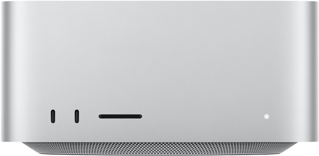 Mac Studio, pannello anteriore, due porte USB-C, slot SDXC card, indicatore di stato, base affusolata, pannello superiore piatto, lati arrotondati, bordi dritti, color argento